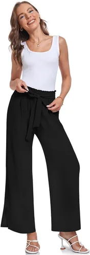Vista 2 de UEU Pantalones casuales de pierna ancha para mujer, cintura alta, ajustables, con nudo de lazo, pantalones de trabajo de negocios con bolsillos
