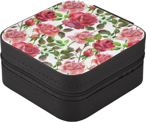 Vista 2 de WELLDAY Jewelry Box Red and Pink Roses Portable Travel Jewelry Case Organizer Bag Storage Box for Necklace, Earrings, Rings, Bracelet