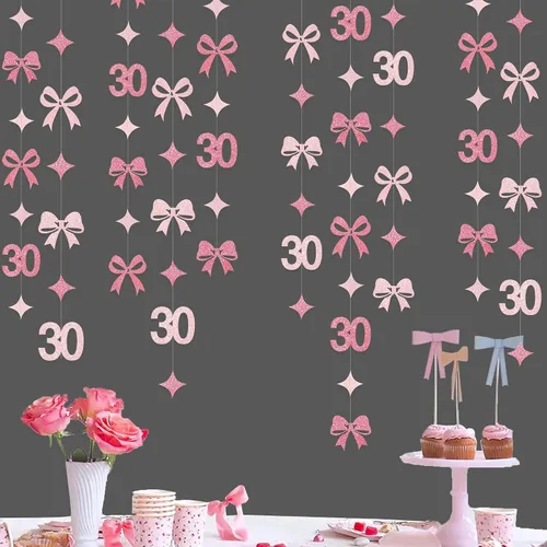 Vista 16 de Decoraciones de cumpleaños negras con lazo del 30 aniversario, guirnalda de lazos coquette con purpurina, pancarta serpentina para mujeres