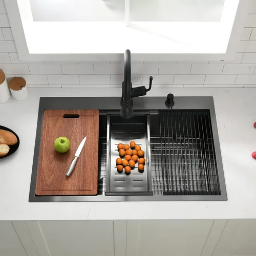 Vista 3 de Fregadero de cocina de 33 x 22 pulgadas, fregadero de cocina negro de 33 pulgadas, fregadero de estación de trabajo de acero inoxidable 304 negro
