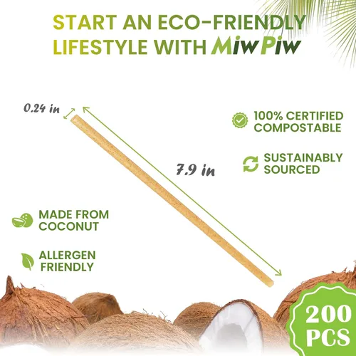 Vista 2 de Juego de 200 pajitas de coco biodegradables, desechables, sin plástico, ecológicas de fibra de coco a granel para bebidas frías y calientes