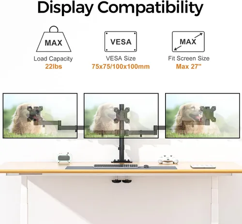 Vista 3 de Suptek Soporte de escritorio triple para monitor LED LCD, soporte resistente totalmente ajustable para 3 / tres pantallas de hasta 27 pulgadas