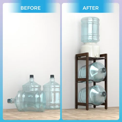 Vista 4 de Soporte para jarra de agua de 5 galones con estantes superiores, soporte dispensador de agua de madera maciza natural de 31 pulgadas de alto