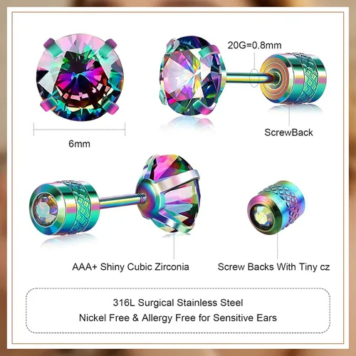 Vista 2 de VOLUKA Aretes tipo dormilona de acero inoxidable con circonita cúbica para mujeres y hombres, hipoalergénico de acero quirúrgico 316L, titanio
