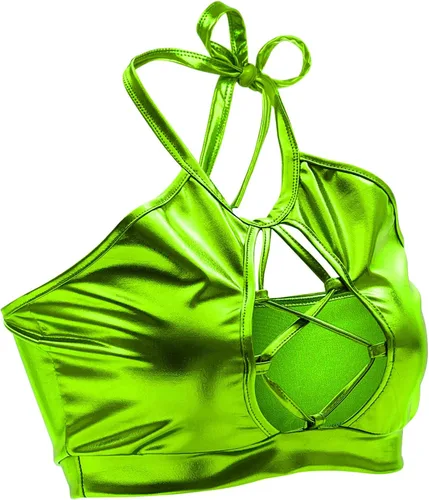 Vista 3 de SFBBCLOZ Conjunto de 2 piezas para mujer, con aspecto mojado, parte superior corta metálica brillante, minifalda para fiesta, club, festival, rave