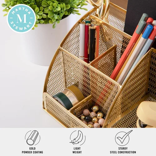 Vista 3 de Martha Stewart Ryder - Organizador de escritorio pequeño de metal de malla dorada para accesorios de oficina, cuadernos, soporte para bolígrafos
