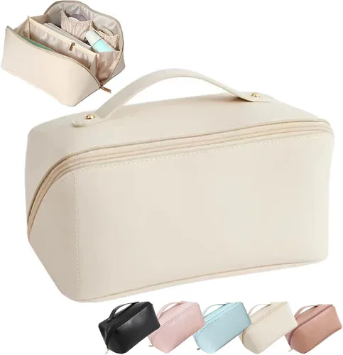 Vista 4 de Bolsa de cosméticos de viaje de gran capacidad con asa y divisor - Bolsa de maquillaje multifuncional para un fácil acceso, impermeable, Luz marrón.