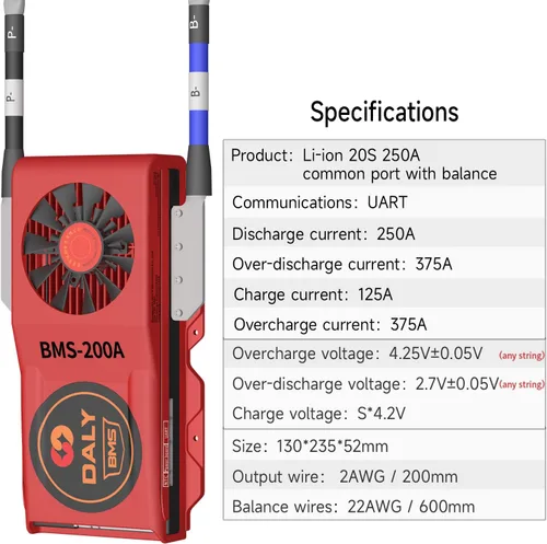 Vista 129 de DALY BMS 72V Li-ion 20S 30A Tablero de protección con cable de equilibrio de puerto común para panel solar autoconstruido, sistema de suministro