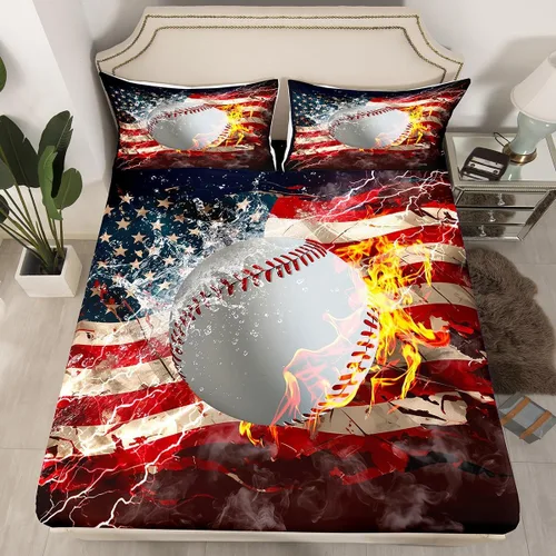 Vista 30 de Erosebridal American Flag Fitted Sheet Twin, Hockey Bedding Set United States Sports Games Bed Sheets for Kids Boys Teens Bedroom, Red White