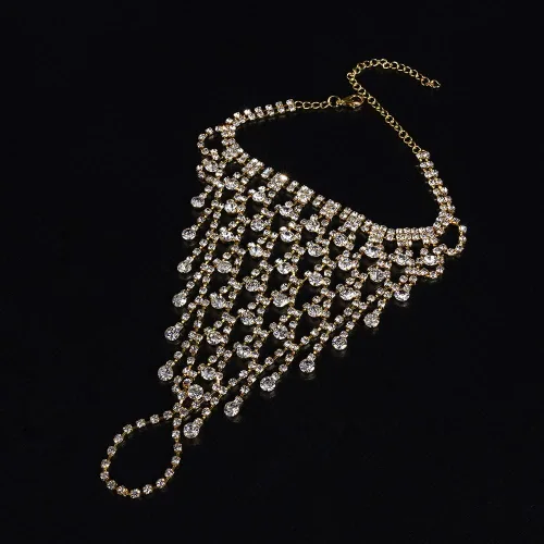 Vista 3 de Jumwrit Pulsera de anillo de dedo para mujer, con diamantes de imitación, con anillo, pulsera esclava, arnés de mano para niñas