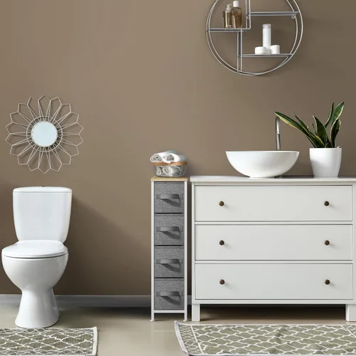 Vista 7 de Sorbus Cómoda estrecha con 4 cajones - cómoda de almacenamiento vertical delgada con marco de acero, parte superior de madera y contenedores de tela