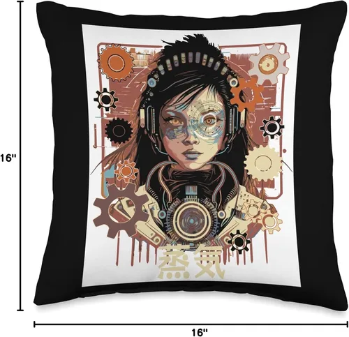 Vista 4 de Steampunk Mechanical Clockwork Japanese Aesthetic Cyber Steampunk - Almohada robot japonesa para niña, 16 x 16 pulgadas, multicolor