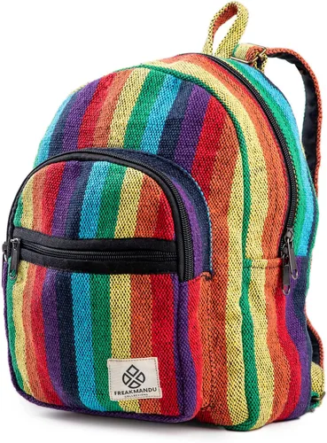 Vista 4 de Freakmandu - Mini mochila de cáñamo, color azul, bohemio, ecológica, unisex, rústica, duradera, Multicolor, Mini, Mini mochila de cáñamo Boho