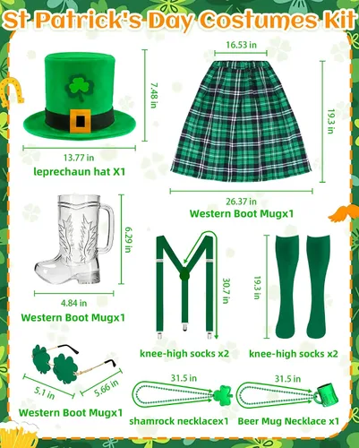 Vista 2 de 8 Pcs St Patricks Day Leprechaun Costumes, Irish Masquerade Party Outfit for Men Women