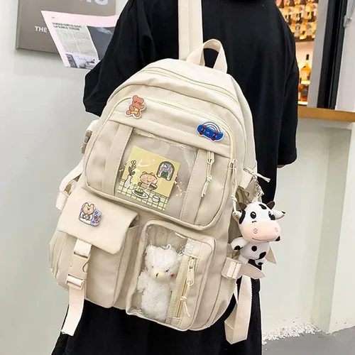 Vista 6 de Yoaujeo Mochila Kawaii con pin Kawaii y accesorios, bonita mochila estética para adolescentes, niñas, estudiantes, escuela, Blanco