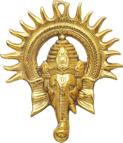 Vista 3 de eCraftIndia Golden Lord Ganesha con sol decorativo de metal para colgar en la pared, decoración del hogar, templo de Pooja Room y regalo
