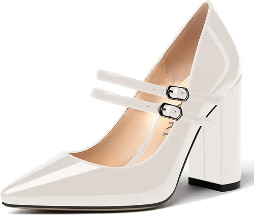 Vista 33 de MERRORI Vestido sólido con correa ajustable para mujer, con hebilla de patente, puntera puntiaguda, tacón alto, zapatos de 4 pulgadas Beige