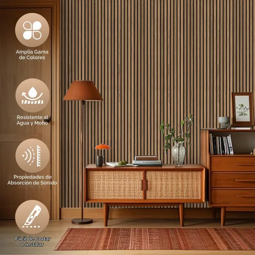 Vista 6 de RITOLLO Paneles de listones de madera para pared, 2 piezas de 94.5 x 11 pulgadas, paneles acústicos para decoración de pared interior, panel