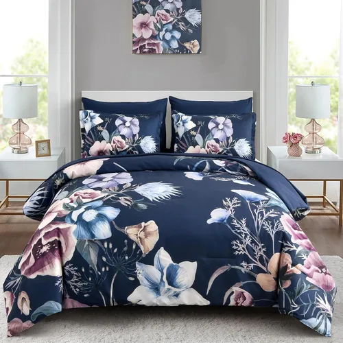 Vista 19 de Luxudecor Juego de edredón floral tamaño individual de 7 piezas, cama de flores aguamarina en una bolsa, elegante edredón floral degradado con juego