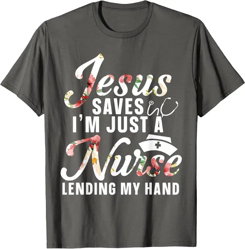 Vista 6 de Jesus Saves I'm Just A Nurse Lending My Hand RN Christian T-Shirt Asphalt Grey