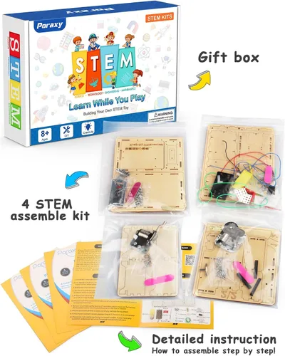 Vista 6 de Poraxy Juego de 4 Kits STEM para Niños de 8-10 10-12 Años, Juguetes para Edades 8-13, Caja de Música, Robot Rompecabezas 3D Proyectos Educativos