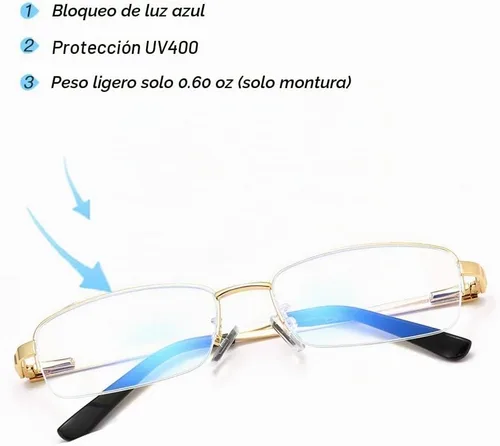 Vista 4 de Men's Blue Light Blocking Glasses Half Rim Rectangle Metal Frame Dorado