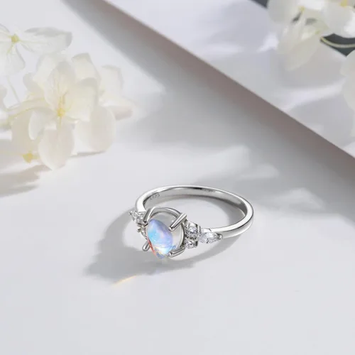 Vista 6 de Anillo de piedra lunar auténtica, anillo de plata de ley con piedra lunar arcoíris para mujer