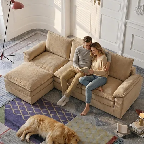 Vista 2 de Sofá modular en forma de nube de 118 pulgadas, con otomana móvil, sofá de asiento profundo de felpilla para sala de estar, sin montaje, caqui