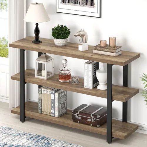 Vista 12 de FOLUBAN Mesa de entrada negra, mesas consola modernas con estantes de almacenamiento de 3 niveles para sala de estar, mesa de sofá de madera y metal