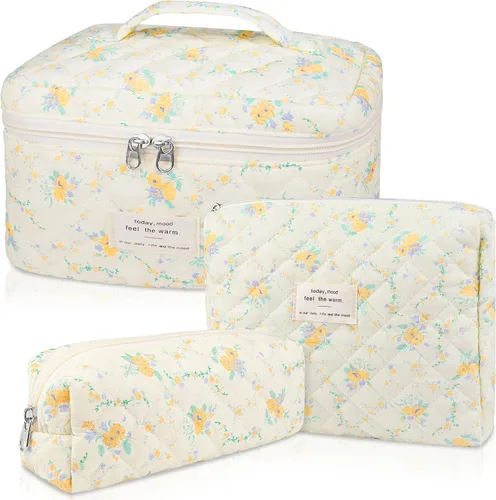 Vista 33 de Juego de bolsas de maquillaje, bolsa de maquillaje acolchada, bolsa grande para cosméticos florales para mujer, bonitas bolsas de maquillaje