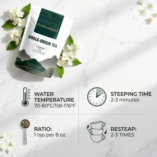 Vista 5 de ZenVerdant Té verde de jazmín de primera calidad, hojas sueltas, baja en cafeína, alto antioxidante, suave, no amargo, listo para preparación
