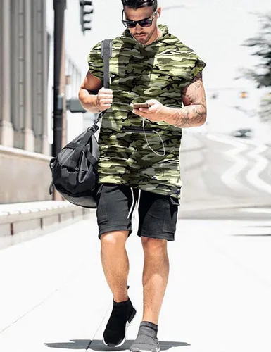 Vista 3 de iWoo Camisetas musculares de moda para hombre con capucha y bolsillo