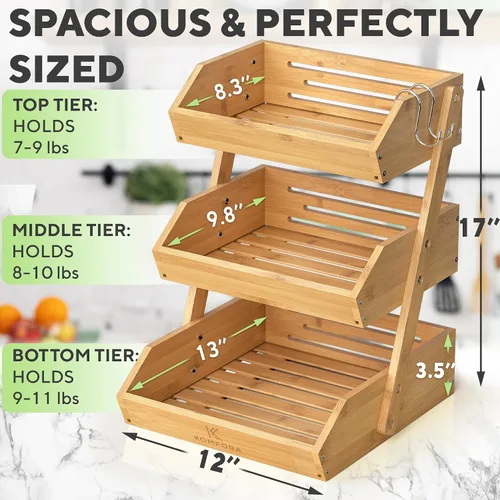 Vista 4 de KOMFORA Cesta de frutas de bambú de 3 niveles – Cesta de productos premium para cocina con 2 ganchos – Soporte duradero y fácil de montar