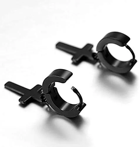 Vista 3 de YZstyle Stainless Steel Cross Dangle Huggie Hinged Hoop Earrings for Men Women BlackSilverGold