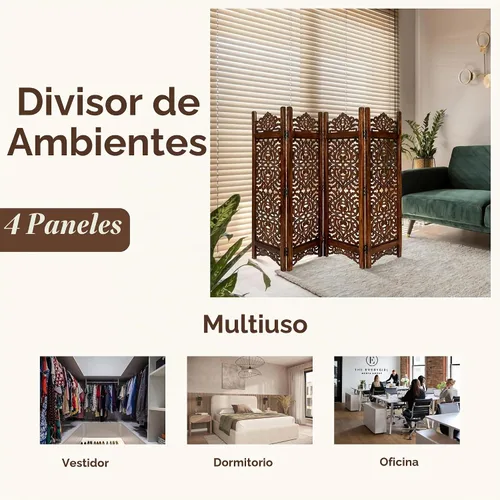 Vista 4 de LightnPro - Separador de ambientes de madera de 4 paneles, pantalla plegable tallada a mano de 64 x 48