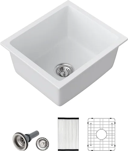 Vista 11 de Dcolora Fregadero de Barra de Composite de Cuarzo de 22 Pulgadas Negro Bajo Encimera Pequeño Fregadero de Cocina de Composite de Granito Prep RV