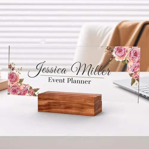 Vista 75 de Placa de identificación personalizada para escritorio, decoración de oficina de acrílico transparente con diseño de flores, decoraciones