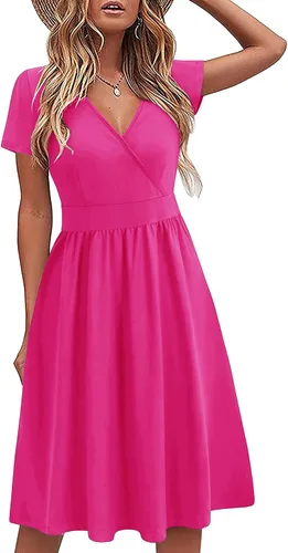 Vista 3 de VOTEPRETTY - Vestido cruzado de manga corta con cuello en V para mujer, vestido de verano informal con estampado floral y bolsillos