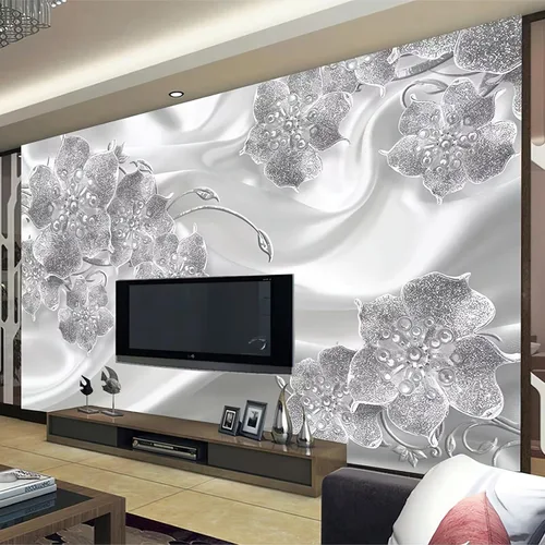 Vista 3 de Papel tapiz fotográfico 3D de flores de diamante plateado de lujo, papel tapiz removible, decoración de pared para sala de estar, dormitorio, fondo
