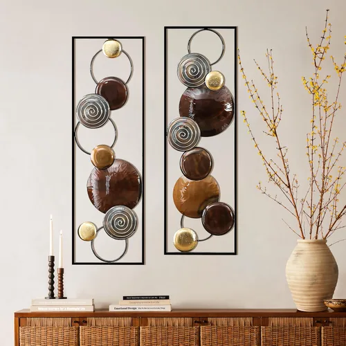 Vista 10 de LuxenHome - 2 piezas de arte de pared de metal, círculos multicolor de 36 x 12 pulgadas, decoración de pared rectangular abstracta de metal