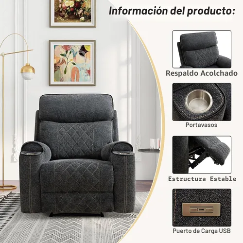 Vista 4 de HAOMARKETS Silla reclinable eléctrica, sillón reclinable eléctrico de tela suave con portavasos de metal, sillas reclinables de alta resistencia