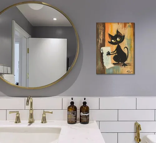 Vista 4 de Divertido Arte de Pared de Baño de Gato Negro en Lienzo Arte de Pared de Gato Abstracto con Imagen de Papel Higiénico Decoración de Pared Póster