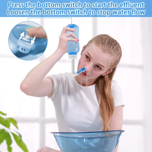 Vista 4 de Neti Pot - Botella de enjuague sinusal, limpiador de lavado de nariz, enjuague a presión, riego nasal para adultos y niños, sin BPA, kit de lavado