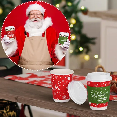 Vista 6 de Kochorie Juego de 100 tazas de café desechables de Navidad de 12 onzas con tapas de cúpula, papel desechable de Navidad, taza aislada extragruesa