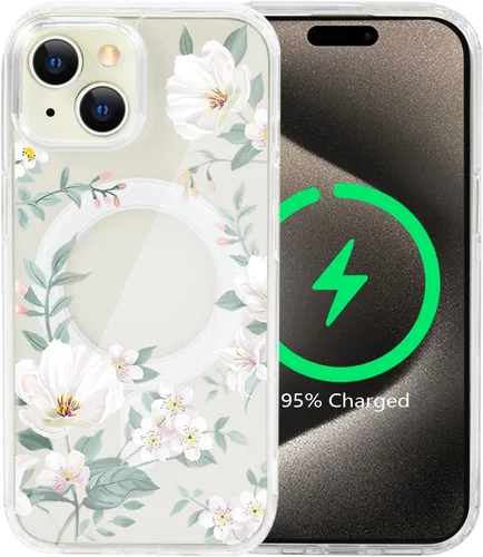Vista 31 de Funda magnética de flores para iPhone 15 [compatible con MagSafe] Bonito patrón floral transparente a prueba de golpes