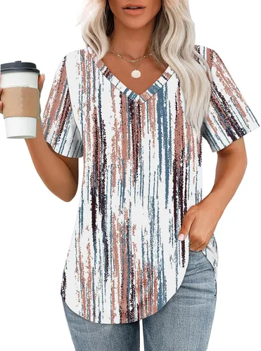 Vista 17 de OFEEFAN Camisetas básicas de manga corta con cuello en V para mujer, ajuste holgado, con dobladillo curvado B-verde