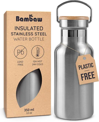 Vista 32 de Bambaw Botella de agua de acero inoxidable de 12 onzas, azul Egeo, 350 ml, de doble pared aislada, a prueba de fugas, apta para lavavajillas, sin