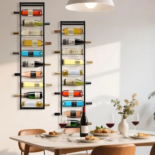 Vista 9 de AQAREA Estante de vino montado en la pared: soporte de metal para 10 botellas de vino - Estante de almacenamiento de vino negro