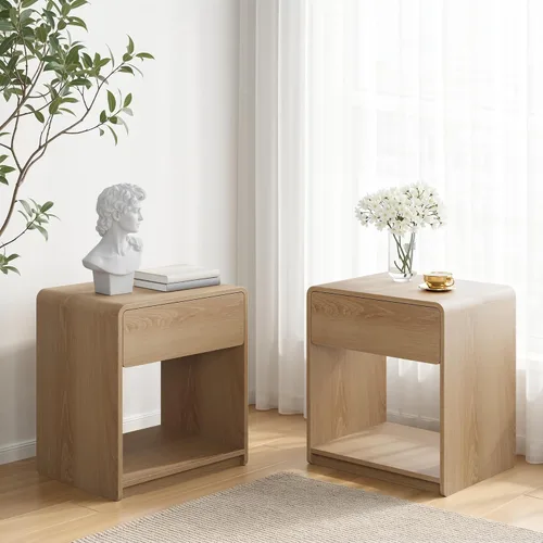Vista 13 de Juego de 2 mesitas de noche de madera, moderna mesita de noche con diseño de rejilla, mesa auxiliar con 2 cajones de almacenamiento para sala