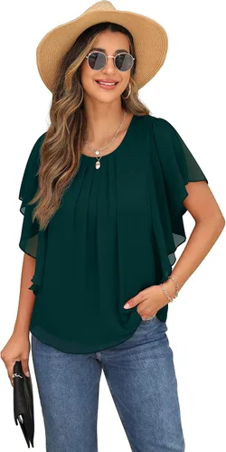 Vista 6 de QIXING Blusas de gasa con cuello redondo y cuello redondo de verano para mujer